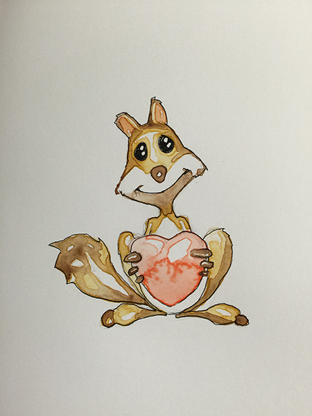 Watercolor painting of a cute creature holding a Valentine heart